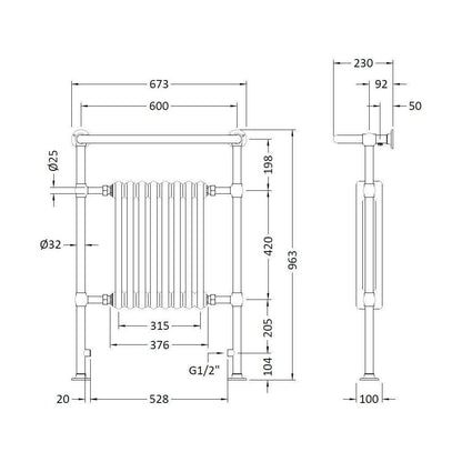 [BHHA022] Harrington Heated Towel Rail 965x673mm - Technical Drawing