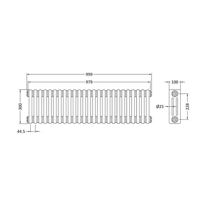[BHHA303] Triple Column Traditional Radiator 300 x 999mm, High Gloss White - Technical Drawing
