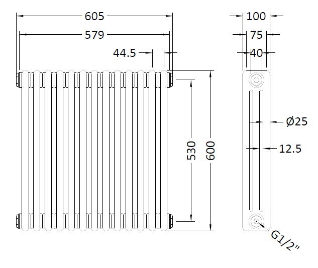 [BHHA304] Caverswall Triple Column Traditional Radiator, Choice of Size - Technical Drawing