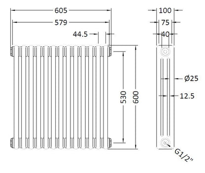 [BHHA304] Caverswall Triple Column Traditional Radiator, Choice of Size - Technical Drawing