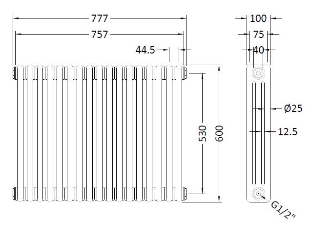 [BHHA305] Caverswall Triple Column Traditional Radiator, Choice of Size - Technical Drawing