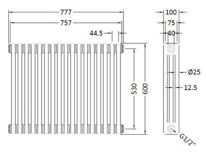 [BHHA305] Caverswall Triple Column Traditional Radiator, Choice of Size - Technical Drawing