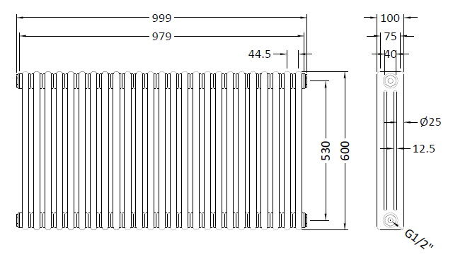 [BHHA306] Caverswall Triple Column Traditional Radiator, Choice of Size - Technical Drawing