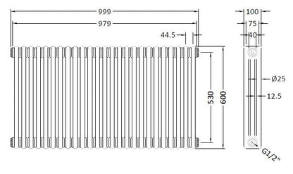 [BHHA306] Caverswall Triple Column Traditional Radiator, Choice of Size - Technical Drawing