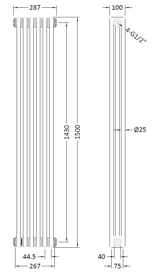 [BHHA308] Caverswall Triple Column Traditional Radiator, Choice of Size - Technical Drawing