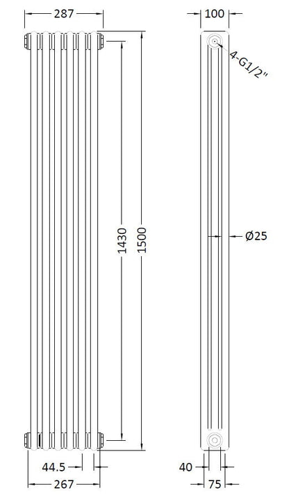 [BHHA308] Caverswall Triple Column Traditional Radiator, Choice of Size - Technical Drawing