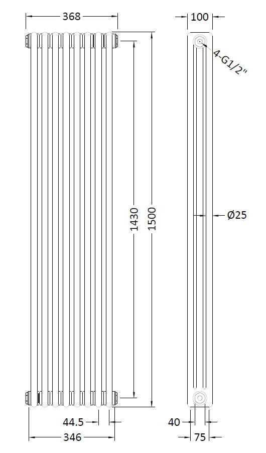 [BHHA309] Caverswall Triple Column Traditional Radiator, Choice of Size - Technical Drawing