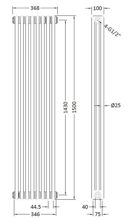 [BHHA309] Caverswall Triple Column Traditional Radiator, Choice of Size - Technical Drawing