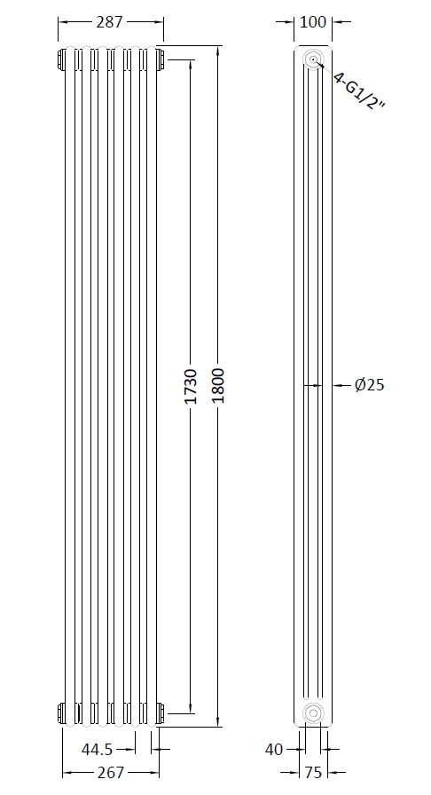 [BHHA311] Caverswall Triple Column Traditional Radiator, Choice of Size - Technical Drawing