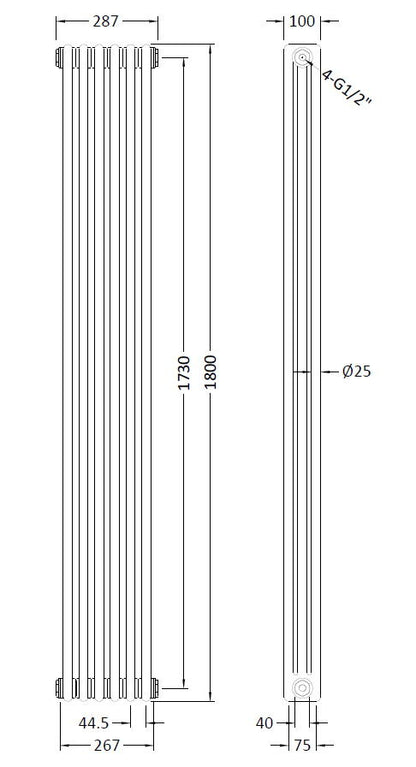 [BHHA311] Caverswall Triple Column Traditional Radiator, Choice of Size - Technical Drawing