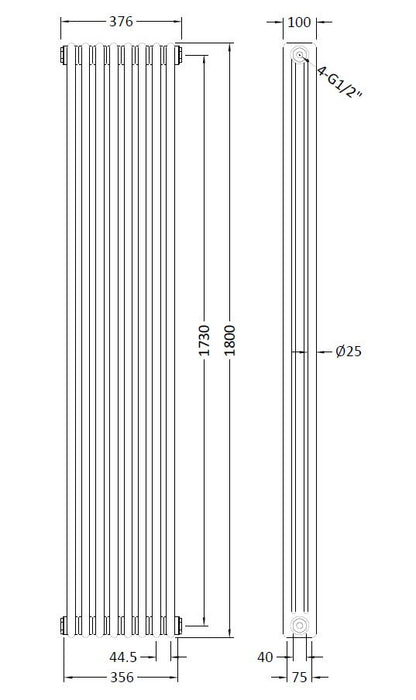 [BHHA312] Caverswall Triple Column Traditional Radiator, Choice of Size - Technical Drawing