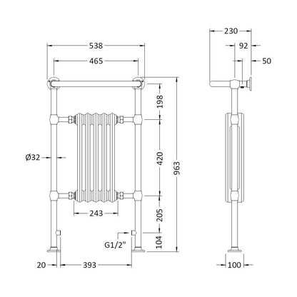 [BHHAD06] HARRINGTON TOWEL RADIATOR 965X540MM - Technical Drawing