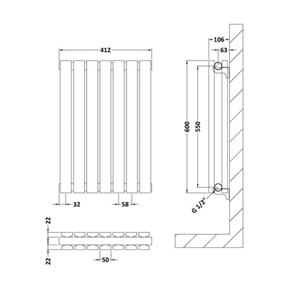 [BHLUA54D] Edingale Contemporary Square Horizontal Double Panel Radiator - Choice of Size and Colour - Technical Drawing