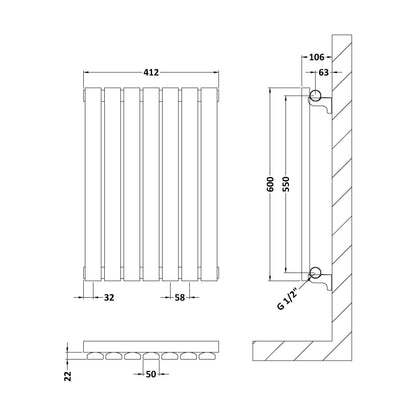 [BHLUA54] Balterley Lucia Square Horizontal Single Panel Radiator, 600mm x 412mm - Anthracite - Technical Drawing