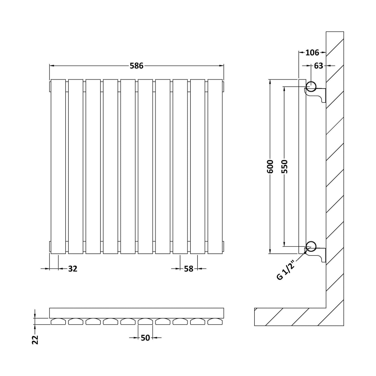 [BHLUA55] Balterley Lucia Square Horizontal Single Panel Radiator, 600mm x 586mm - Anthracite - Technical Drawing