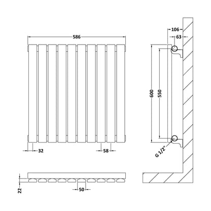 [BHLUA55] Balterley Lucia Square Horizontal Single Panel Radiator, 600mm x 586mm - Anthracite - Technical Drawing