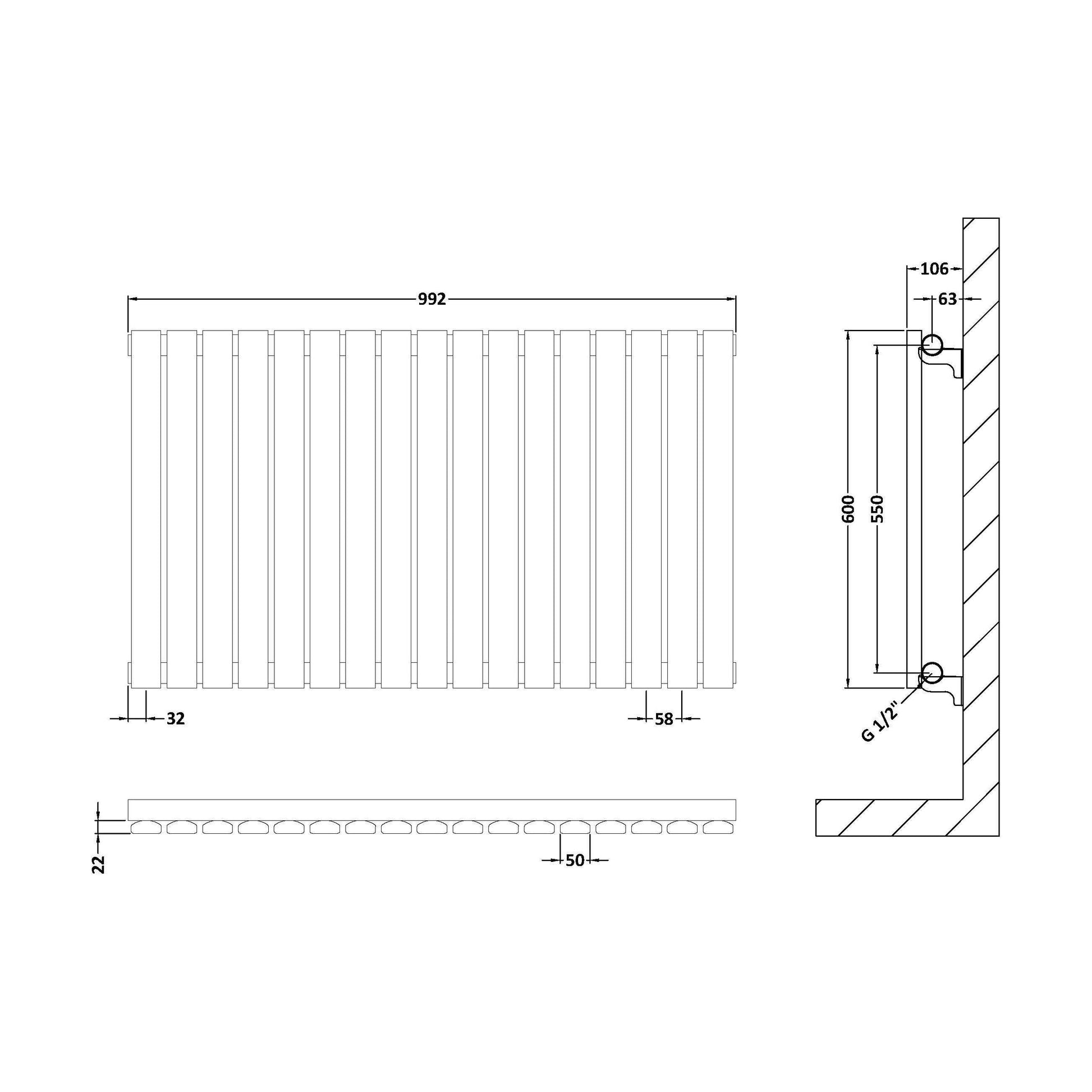 [BHLUA56] Balterley Lucia Square Horizontal Single Panel Radiator, 600mm x 992mm - Anthracite - Technical Drawing