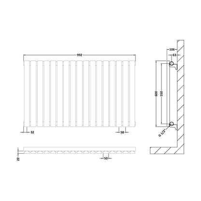 [BHLUA56] Balterley Lucia Square Horizontal Single Panel Radiator, 600mm x 992mm - Anthracite - Technical Drawing