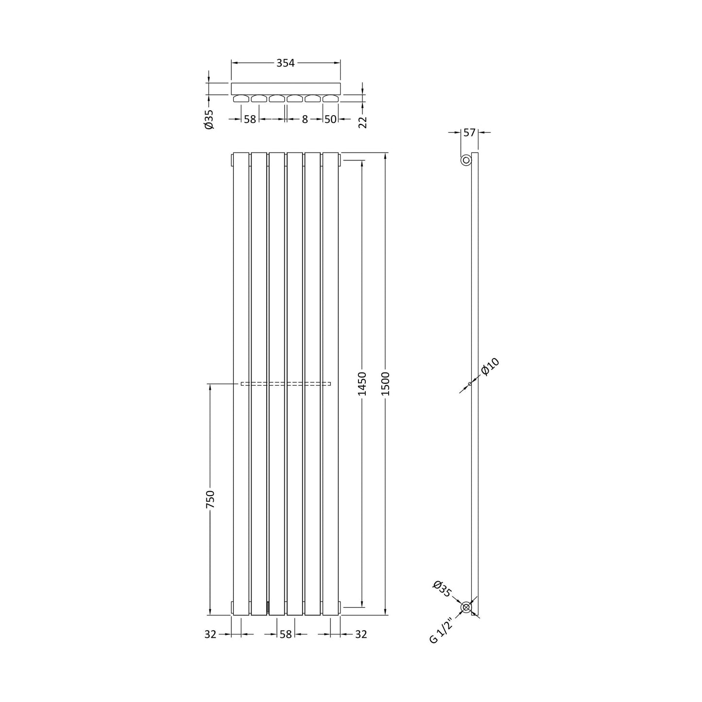 [BHLUA71] Edingale Vertical Single Panel Radiator, Square Design - Choice of Size and Colour - Technical Drawing