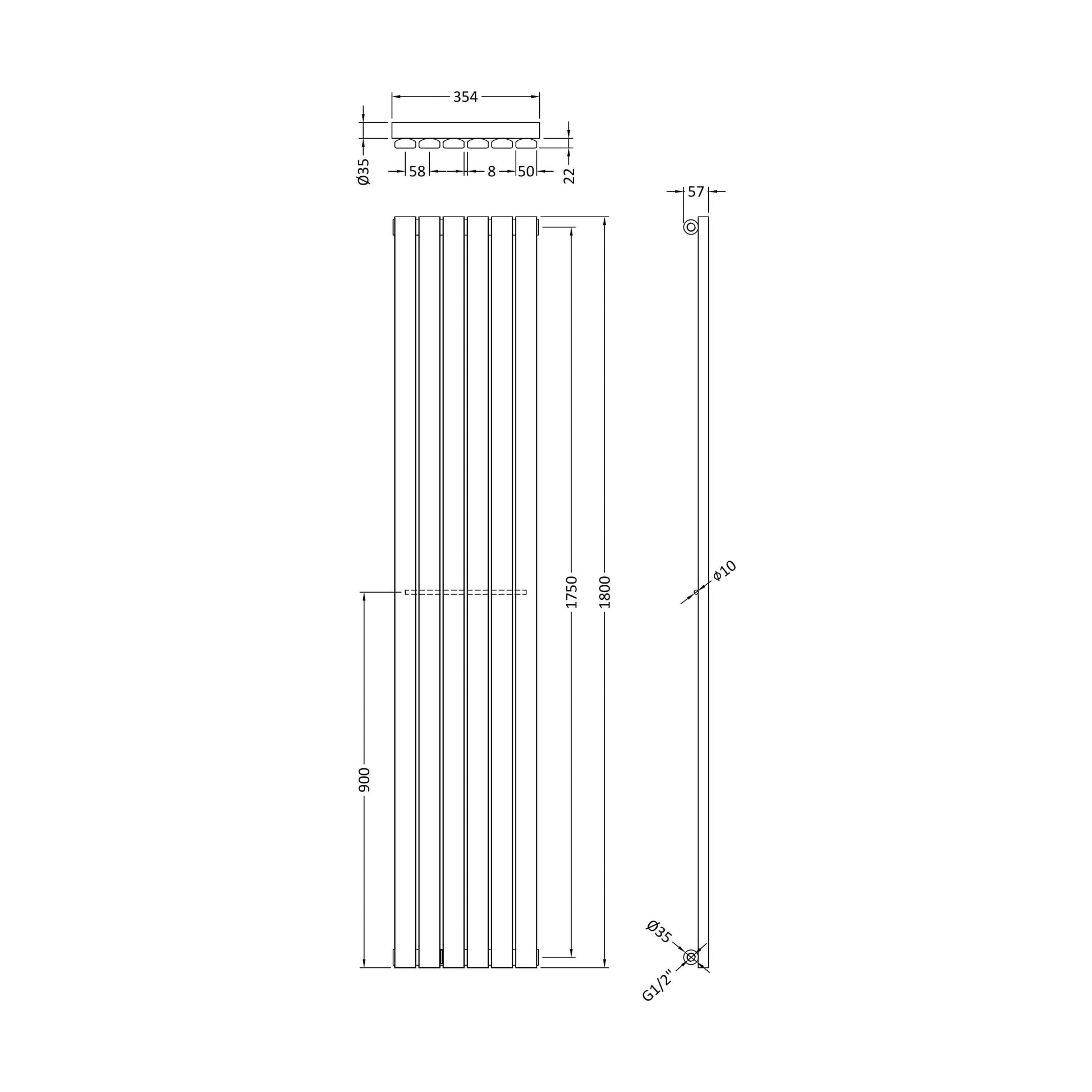 [BHLUA72] Edingale Vertical Single Panel Radiator, Square Design - Choice of Size and Colour - Technical Drawing