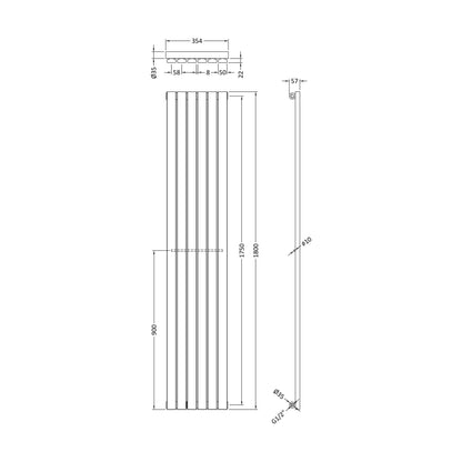 [BHLUA72] Edingale Vertical Single Panel Radiator, Square Design - Choice of Size and Colour - Technical Drawing