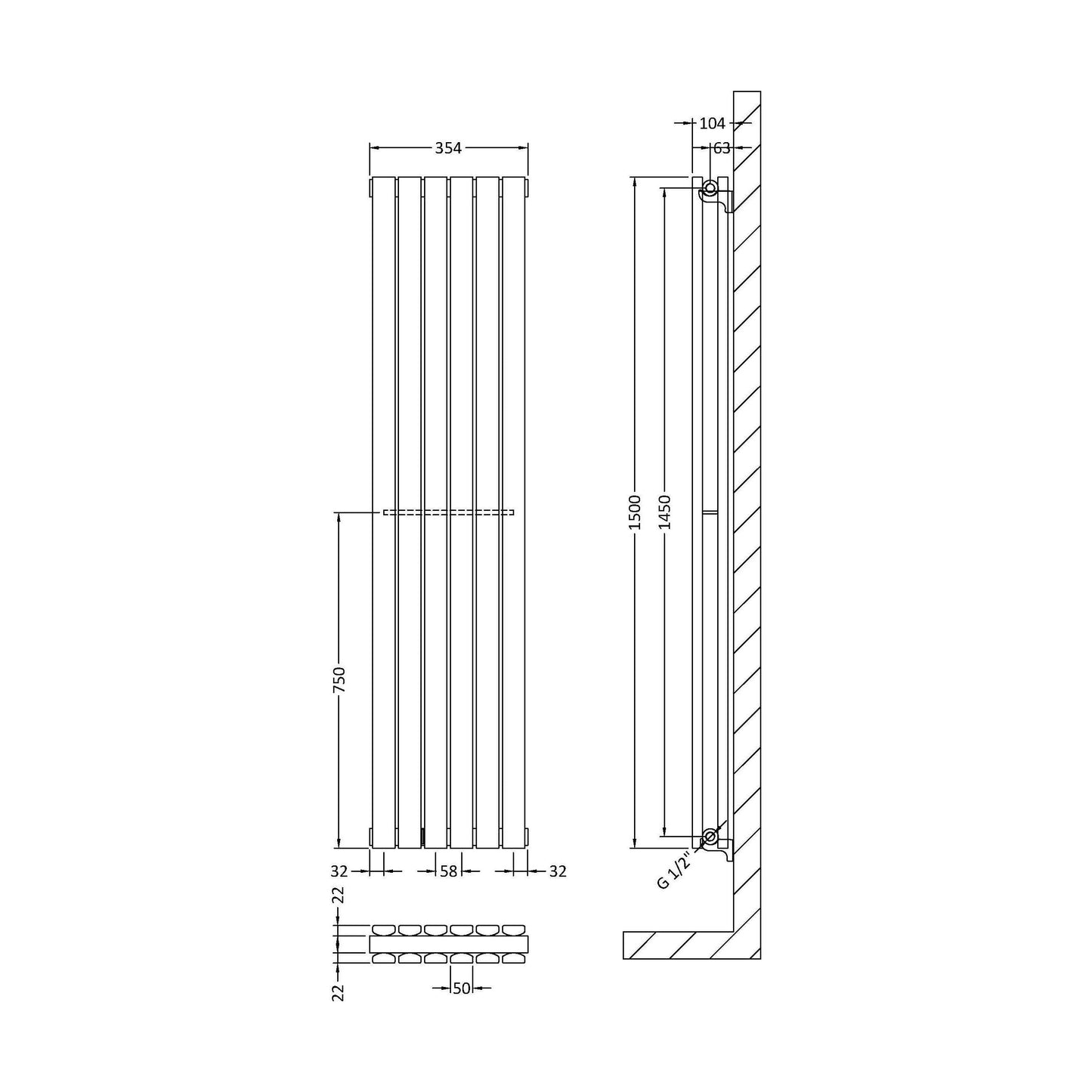 [BHLUA73] Edingale Modern Square Vertical Double Panel Radiator - Choice of Size and Colour - Technical Drawing