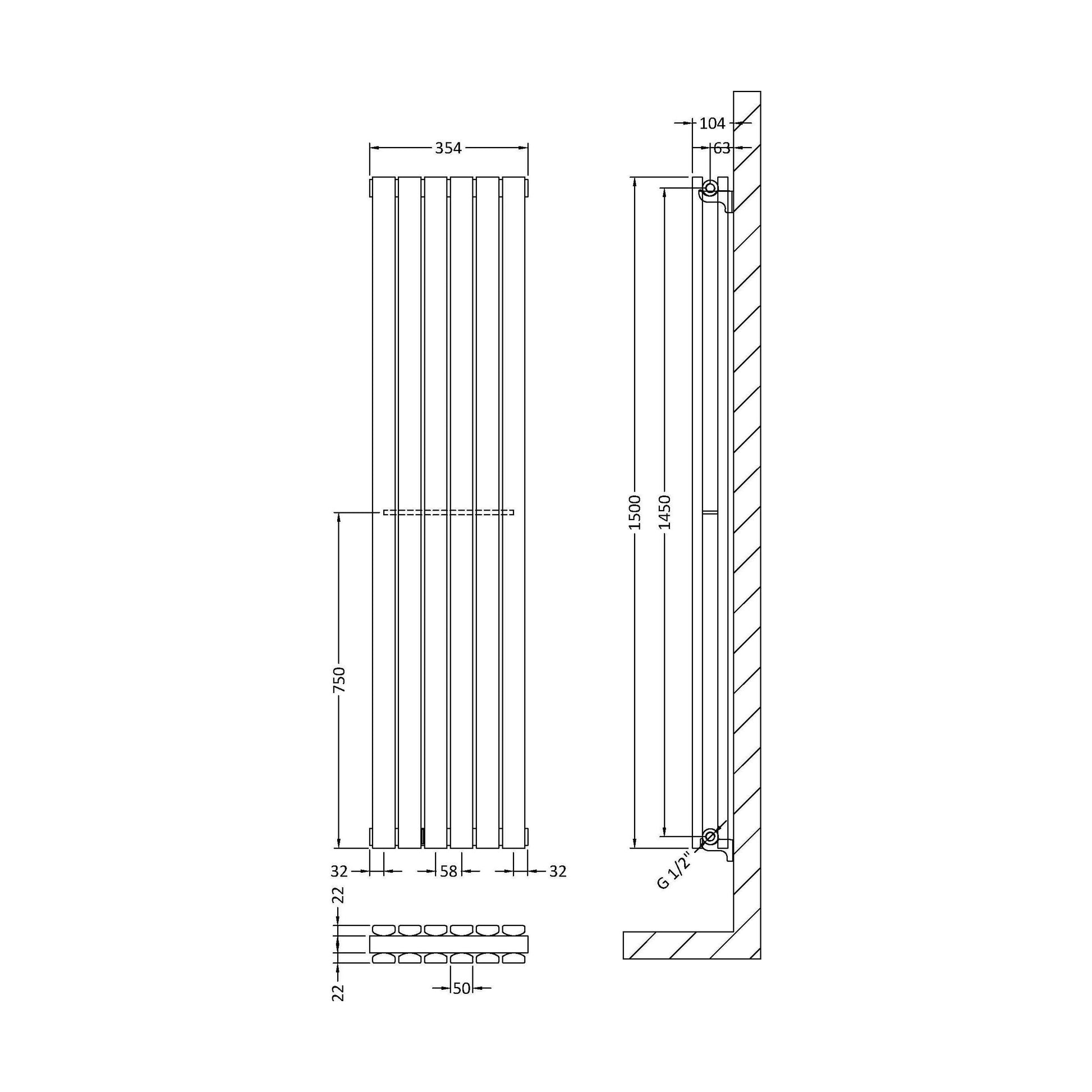[BHLUA73] Edingale Modern Square Vertical Double Panel Radiator - Choice of Size and Colour - Technical Drawing