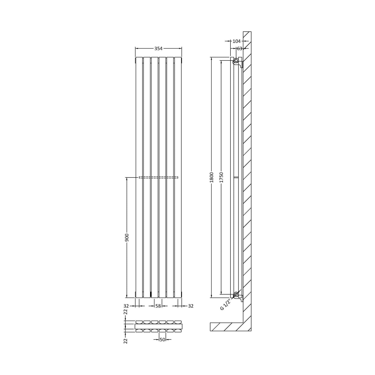 [BHLUA74] Edingale Modern Square Vertical Double Panel Radiator - Choice of Size and Colour - Technical Drawing