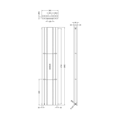 [BHLUA84] Edingale Square Vertical Double Panel Radiator with Mirror, 3344 BTU, 1800mm x 354mm - Choice of Colour - Technical Drawing