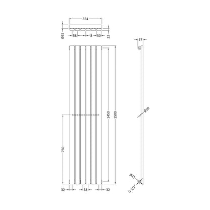 [BHLUW41] Edingale Vertical Single Panel Radiator, Square Design - Choice of Size and Colour - Technical Drawing