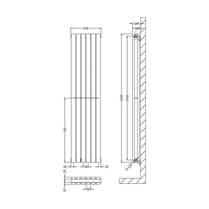 [BHLUW43] Edingale Modern Square Vertical Double Panel Radiator - Choice of Size and Colour - Technical Drawing