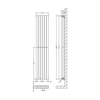 [BHLUW44] Edingale Modern Square Vertical Double Panel Radiator - Choice of Size and Colour - Technical Drawing