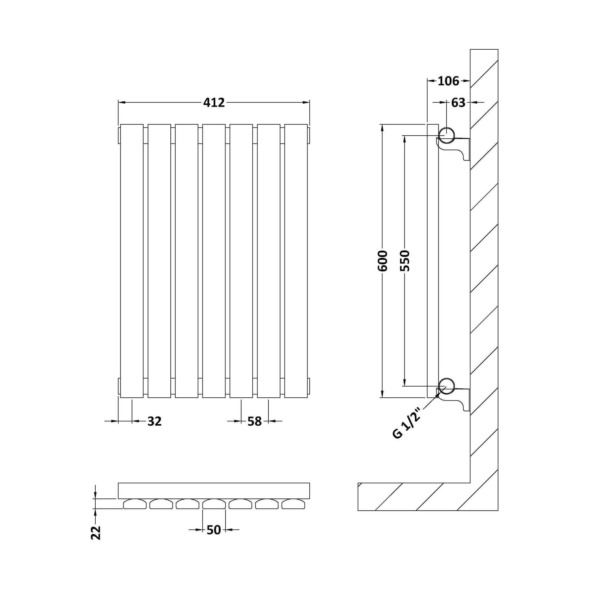 [BHLUW54] Balterley Lucia Square Horizontal Single Panel Radiator, 600mm x 412mm - Satin White - Technical Drawing