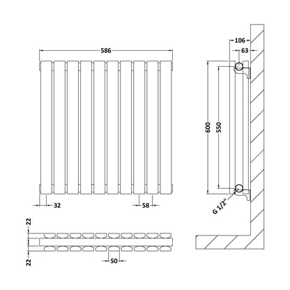 [BHLUW55D] Edingale Contemporary Square Horizontal Double Panel Radiator - Choice of Size and Colour - Technical Drawing