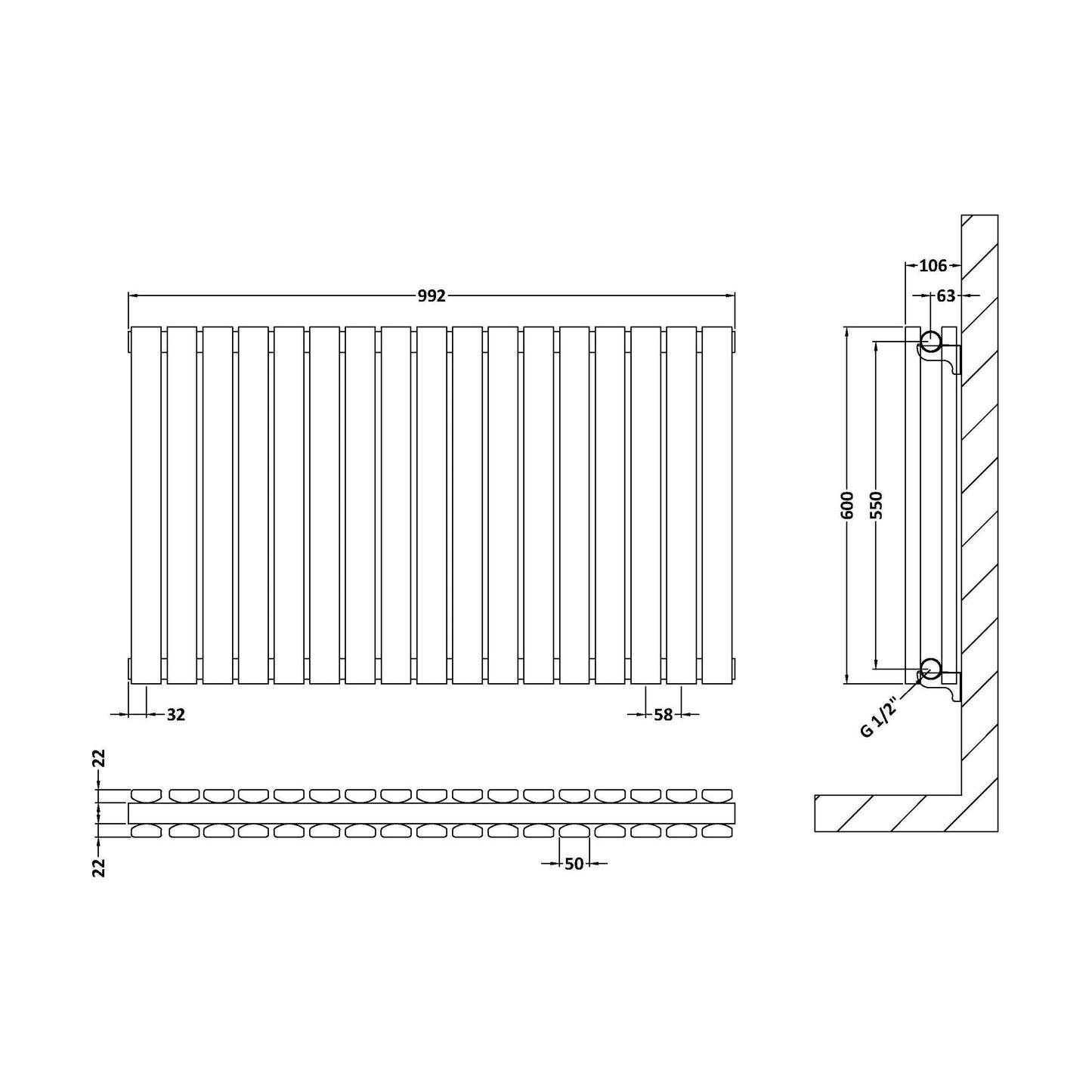 [BHLUW56D] Edingale Contemporary Square Horizontal Double Panel Radiator - Choice of Size and Colour - Technical Drawing