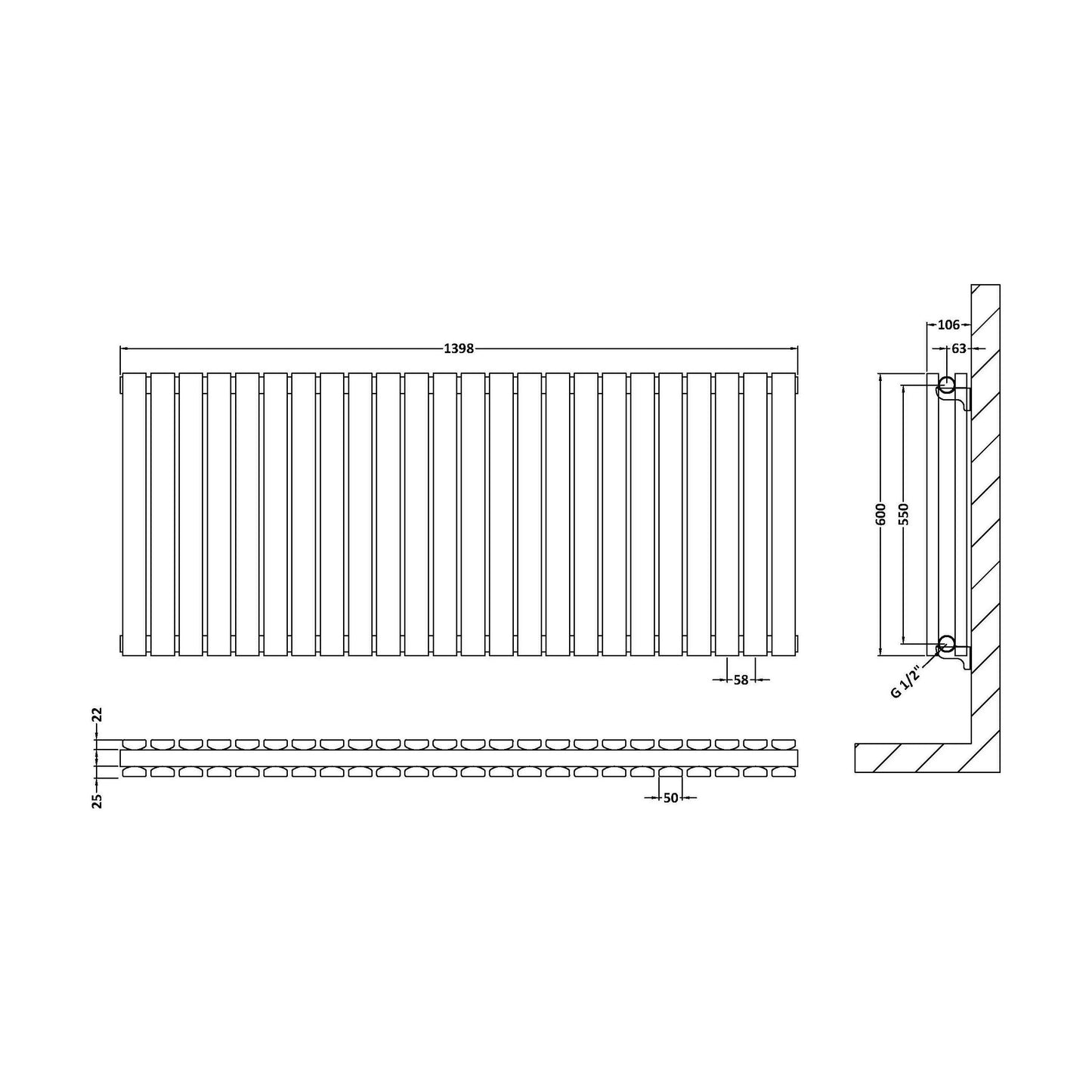 [BHLUW59D] Edingale Contemporary Square Horizontal Double Panel Radiator - Choice of Size and Colour - Technical Drawing