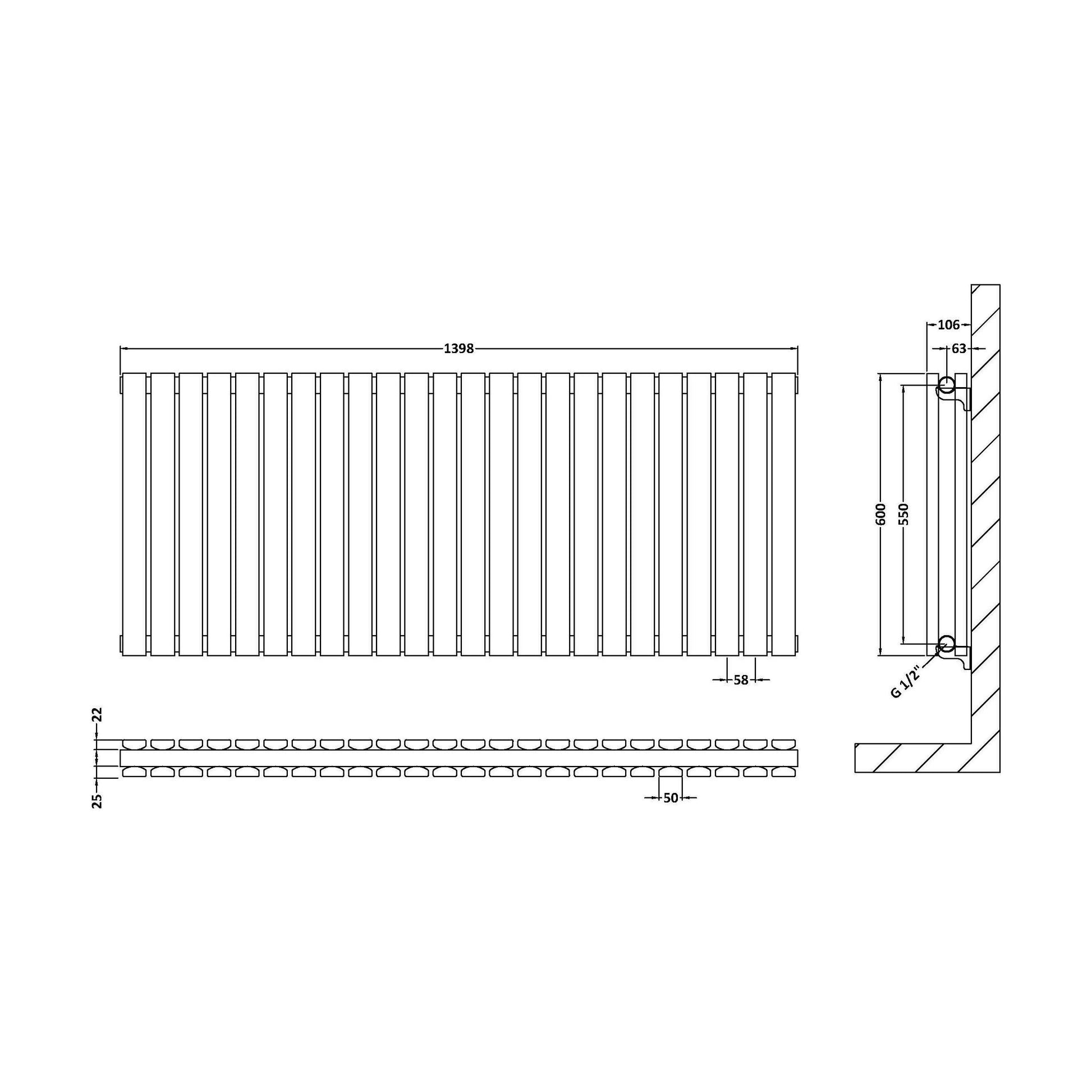 [BHLUW59D] Edingale Contemporary Square Horizontal Double Panel Radiator - Choice of Size and Colour - Technical Drawing