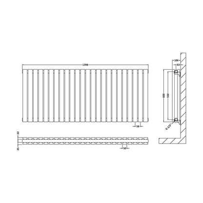 [BHLUW59D] Edingale Contemporary Square Horizontal Double Panel Radiator - Choice of Size and Colour - Technical Drawing