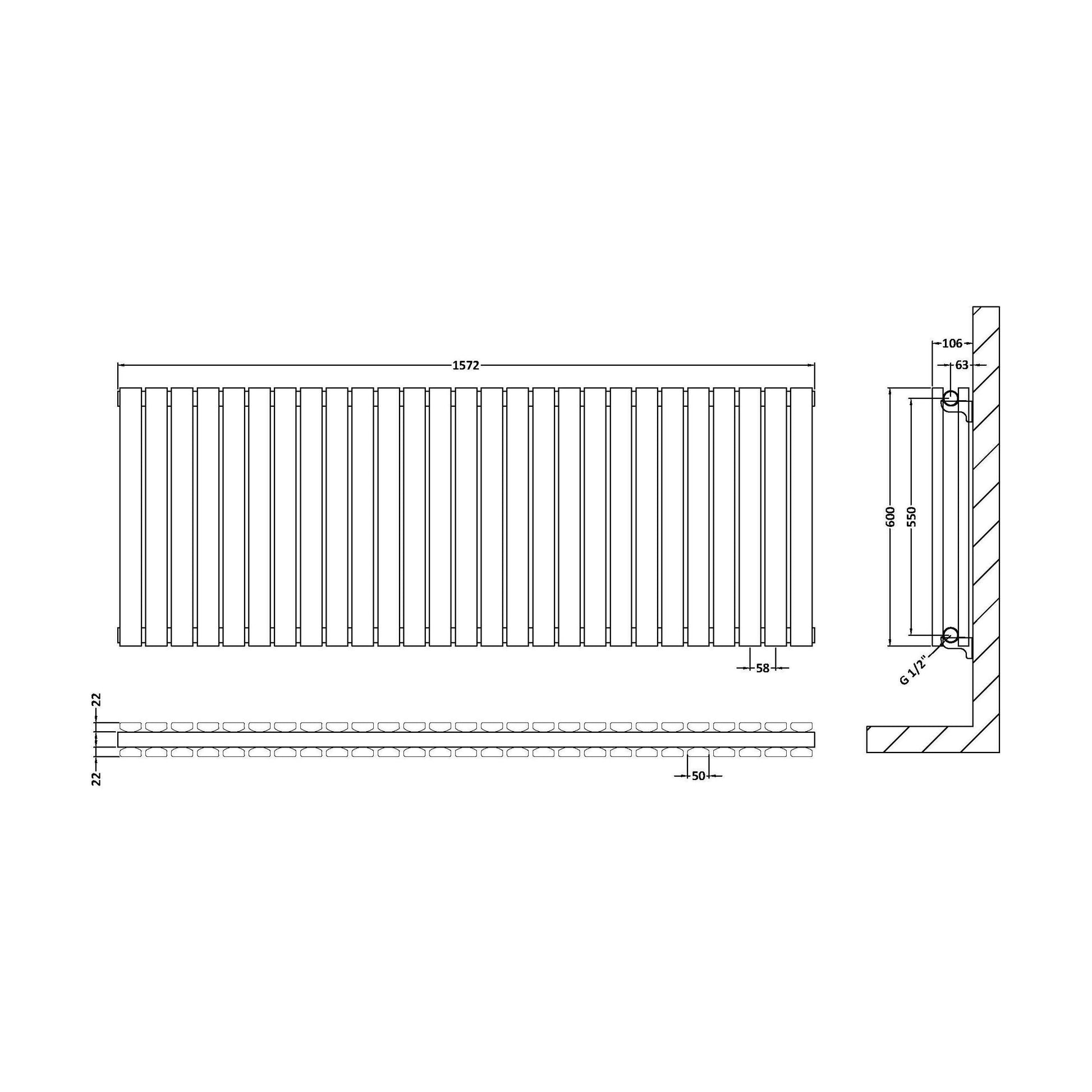 [BHLUW60D] Edingale Contemporary Square Horizontal Double Panel Radiator - Choice of Size and Colour - Technical Drawing