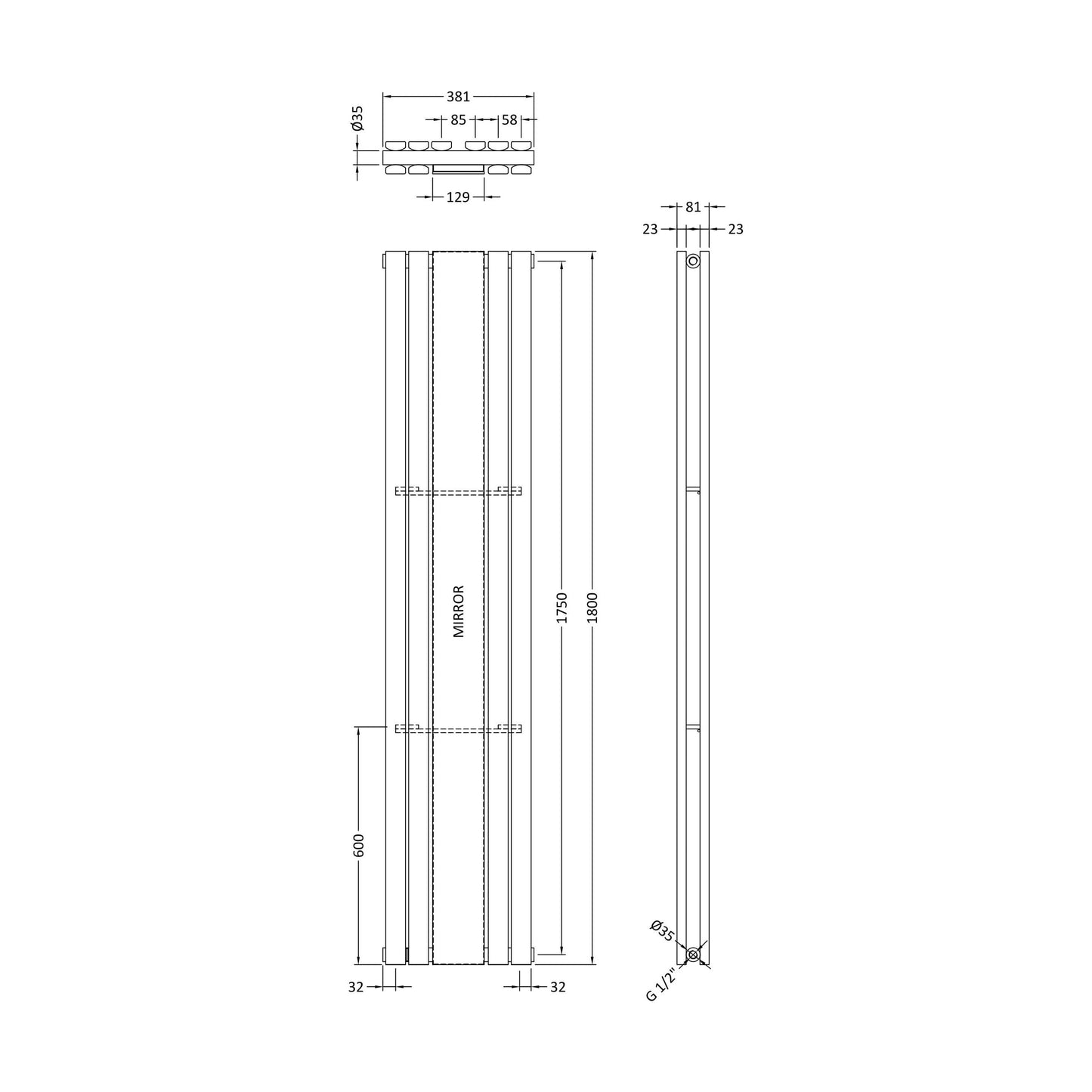 [BHLUW64] Edingale Square Vertical Double Panel Radiator with Mirror, 3344 BTU, 1800mm x 354mm - Choice of Colour - Technical Drawing