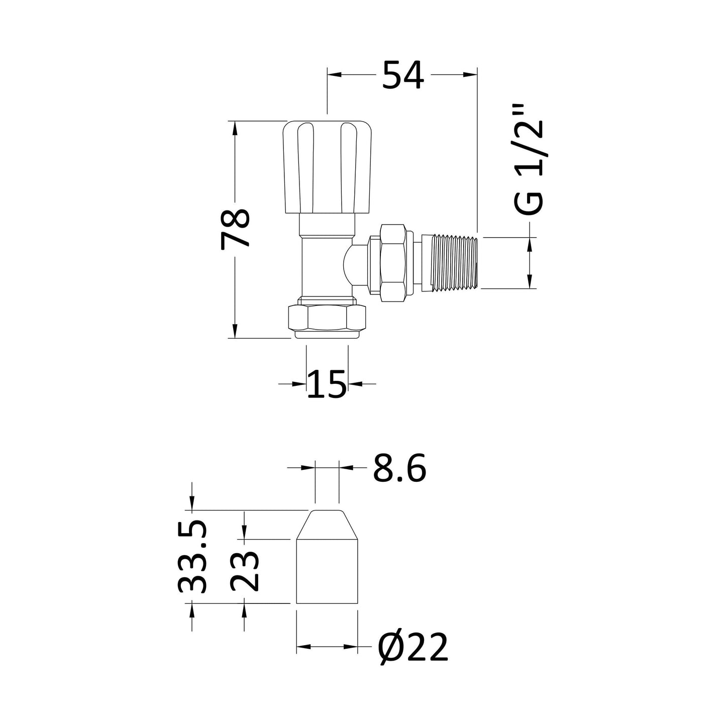 [BHRV003] Angled Round Radiator Valves, Sold in Pairs - Chrome - Technical Drawing