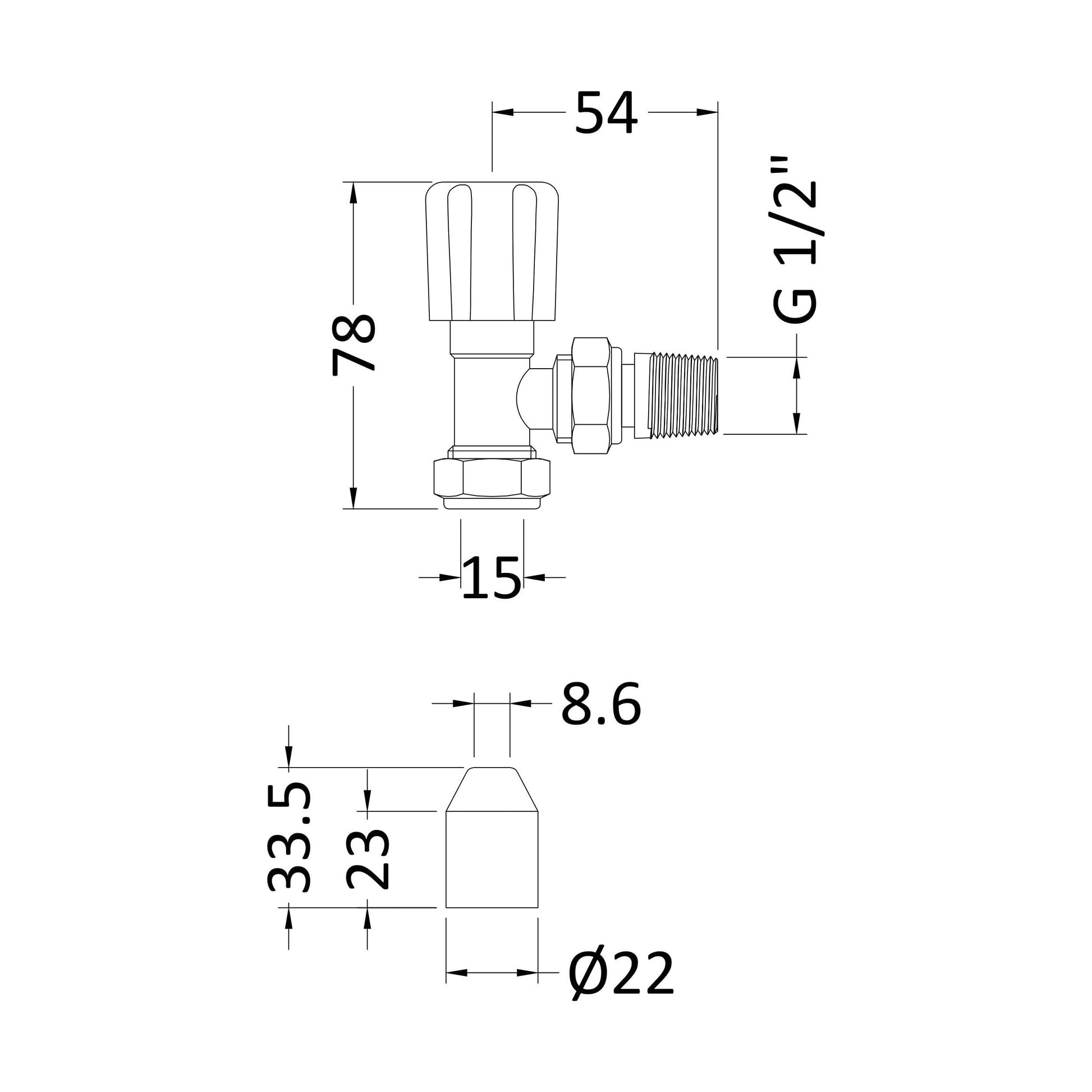 [BHRV003] Angled Round Radiator Valves, Sold in Pairs - Chrome - Technical Drawing