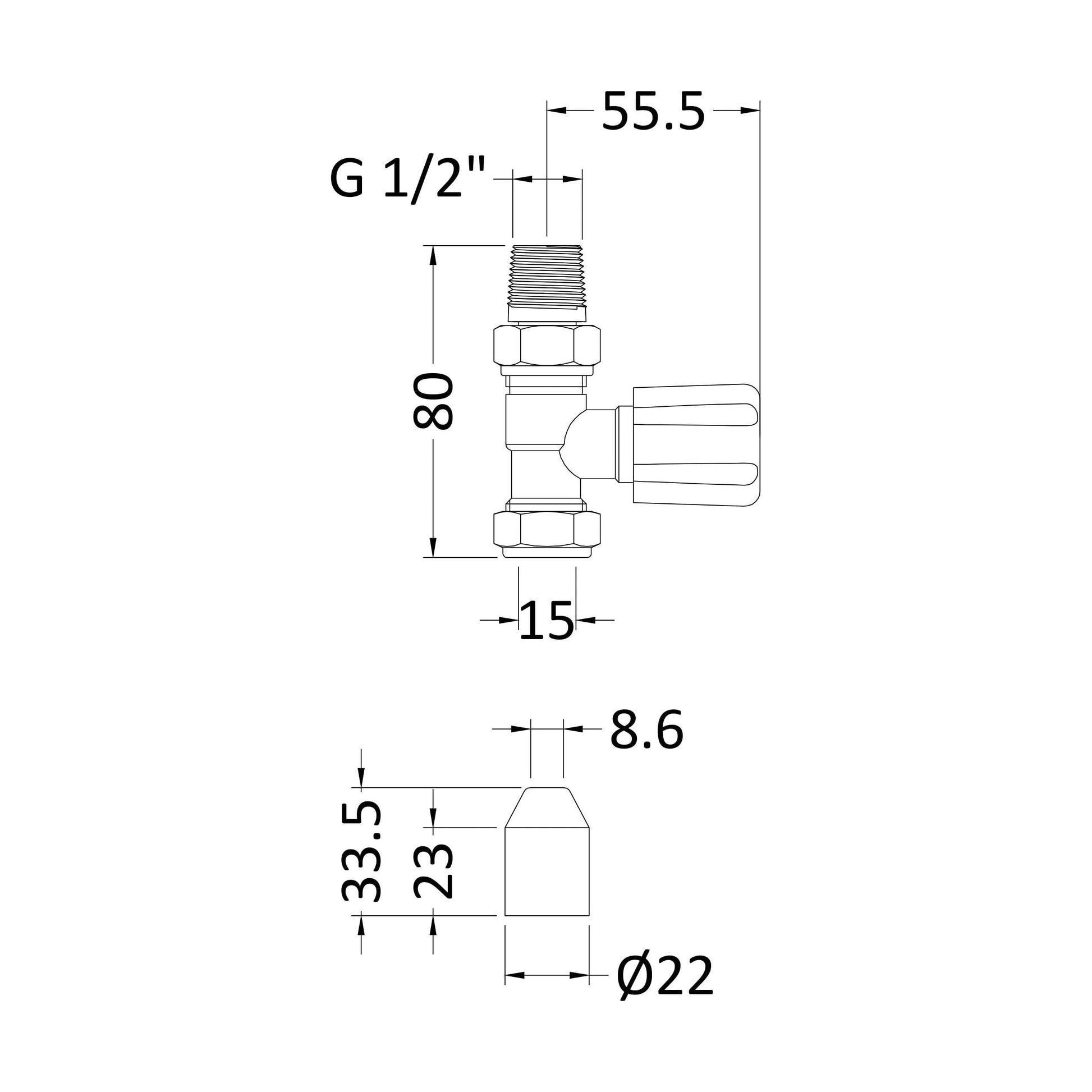 [BHRV004] Straight Round Radiator Valves, Sold in Pairs - Chrome - Technical Drawing