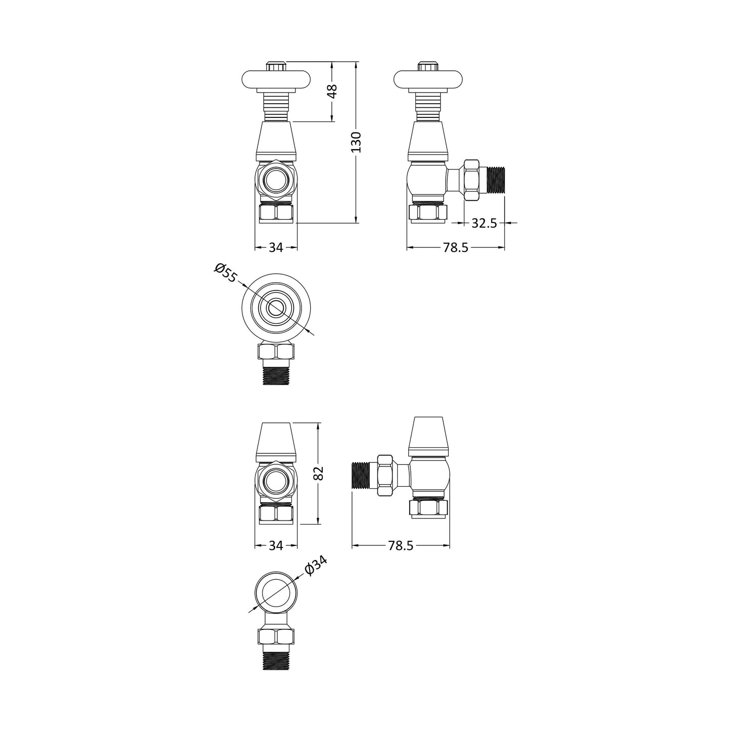 [BHRV201] Heating Accessories Camden Angled Thermostatic Valve, Antique Brass - Technical Drawing