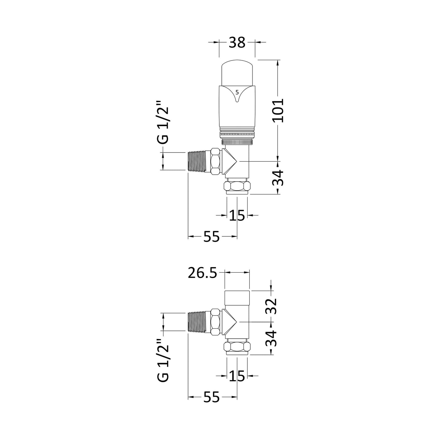[BHRV315] Balterley Contemporary Luxury Angled Thermostatic Radiator Valves (Pairs) - Chrome - Technical Drawing