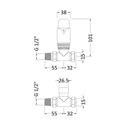 [BHRV316] Balterley Lucia Contemporary Luxury Straight Thermostatic Radiator Valves (Pairs) - Chrome - Technical Drawing