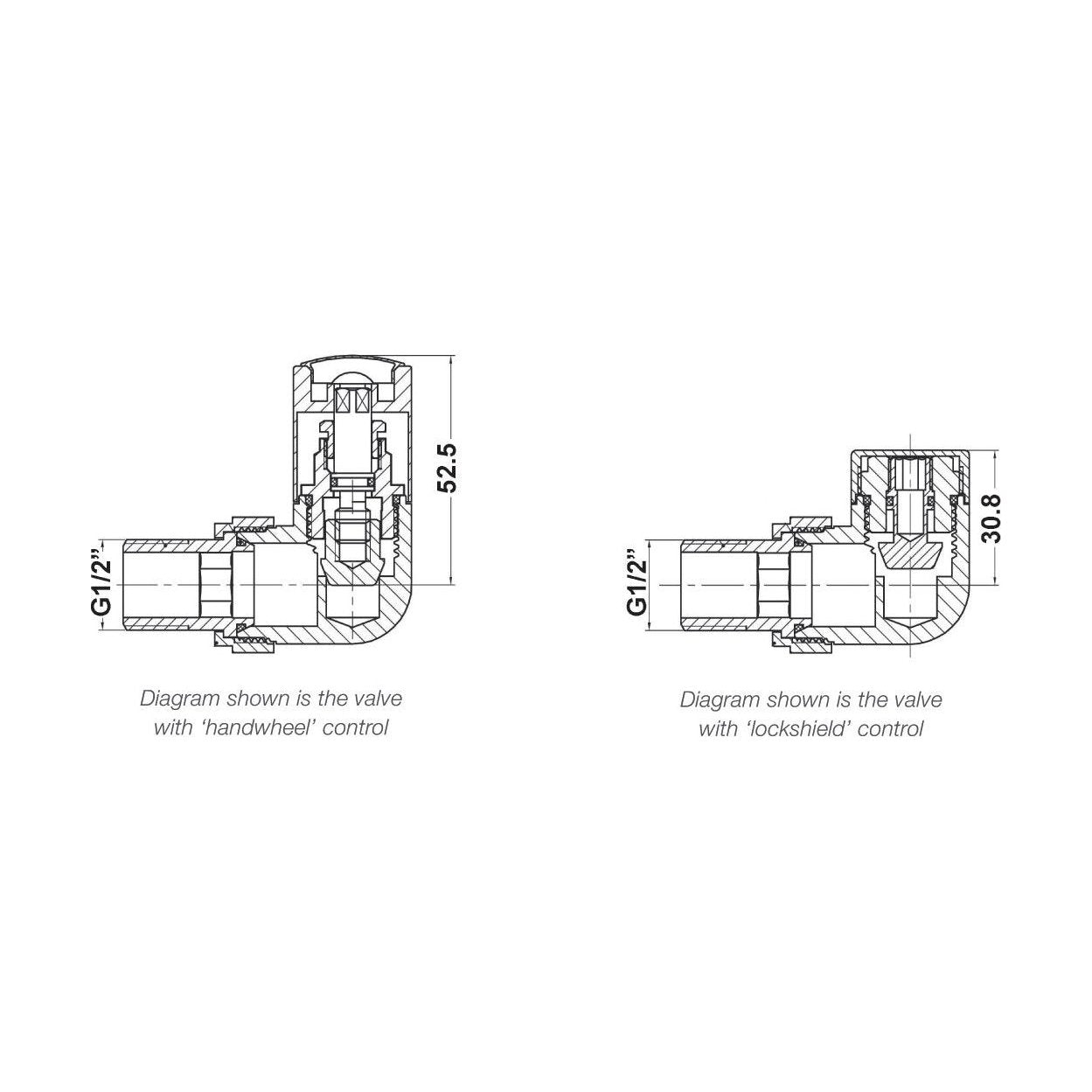 [BHRV321] Balterley Contemporary Corner Minimalist Round Radiator Valves (Pairs) - Chrome - Technical Drawing