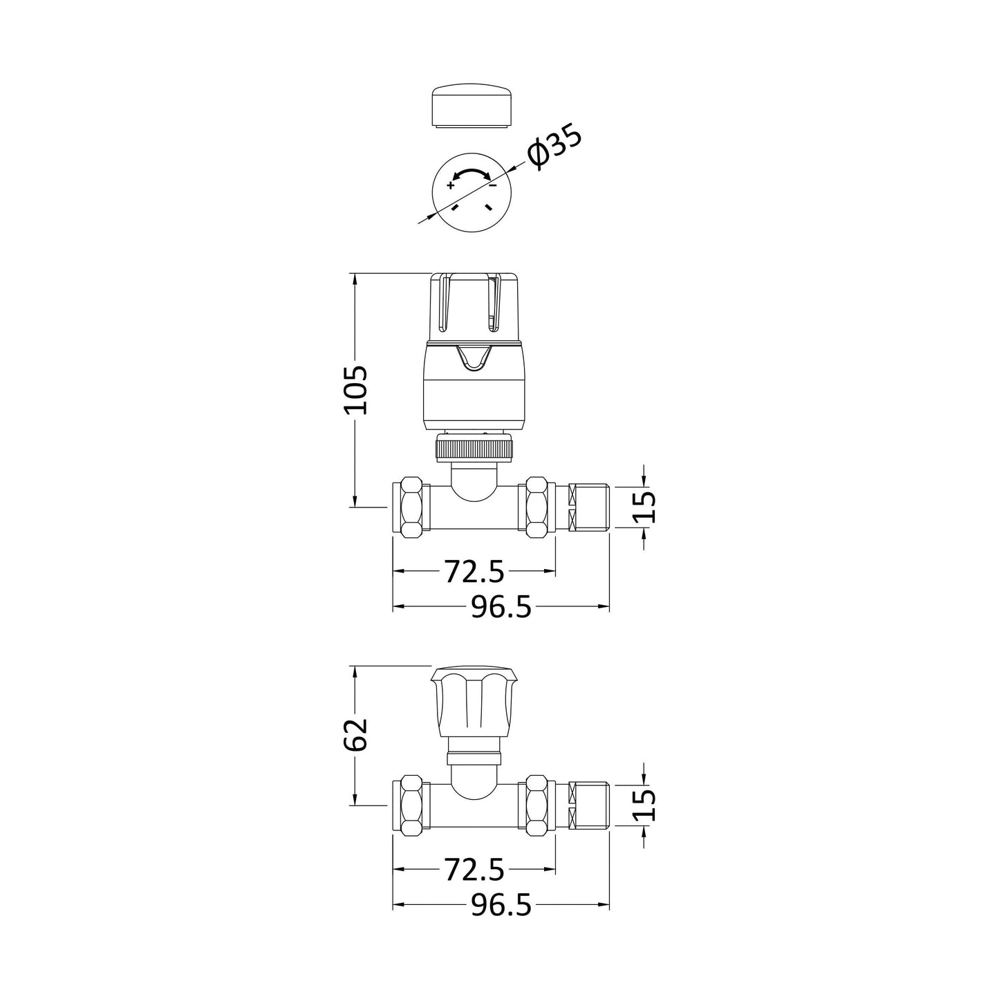 [BHRV325] Balterley Contemporary Straight Thermostatic Radiator Valves (Pairs) - Chrome - Technical Drawing