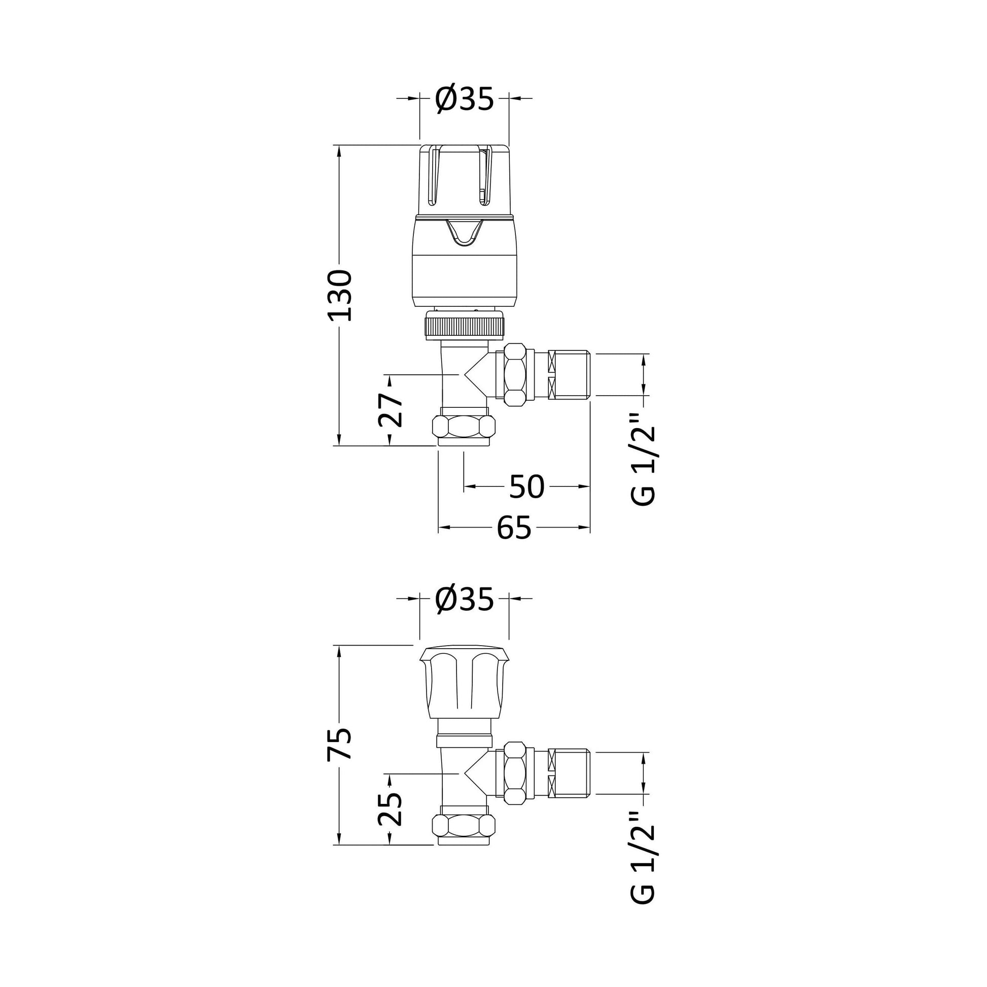 [BHRV326] Balterley Contemporary Angled Thermostatic Radiator Valves (Pairs) - Chrome - Technical Drawing