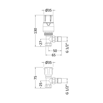 [BHRV326] Balterley Contemporary Angled Thermostatic Radiator Valves (Pairs) - Chrome - Technical Drawing
